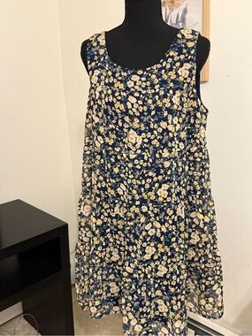 Lily Rose M Navy Yellow Floral Tiered Lined Sleeveless Dress
